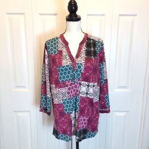 Kim Rogers Womens Boho Patchwork Print 3/4 Sleeve Blouse Top Size Large